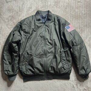 Original Deluxe Men's Green Bomber Jacket Long Sleeve Zip XL American Flag